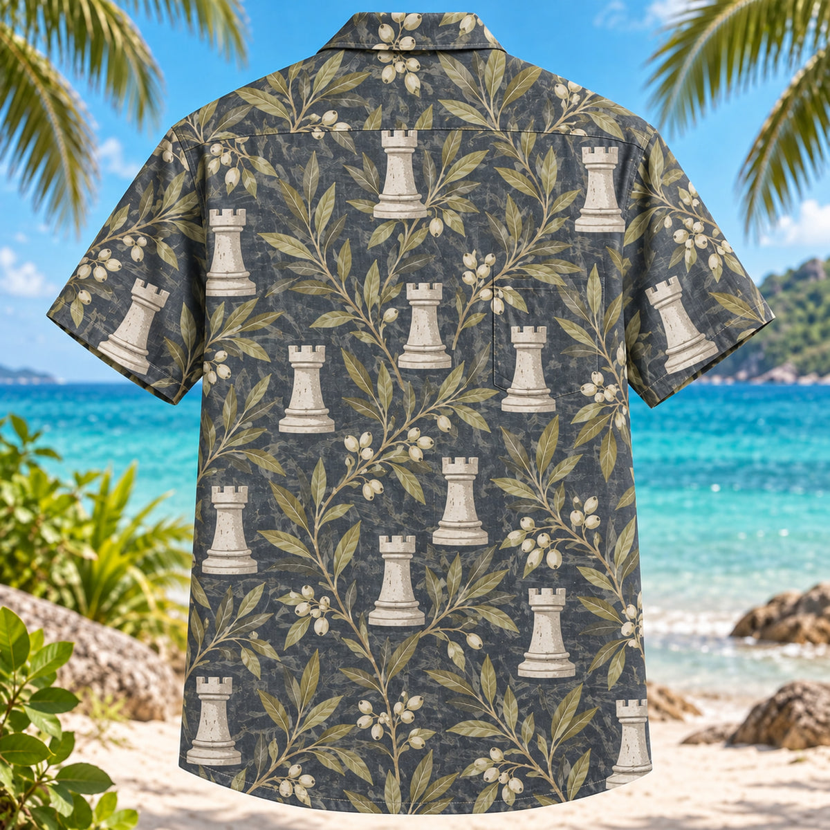 Back view of Rook Tower Garden Chess Hawaiian Shirt with matching artwork in slate, olive, ivory