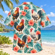 Back view of Rooster Hibiscus Chicken Hawaiian Shirt with matching artwork in teal, coral, ivory