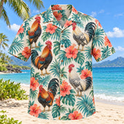 Front view of Rooster Hibiscus Chicken Hawaiian Shirt with colorful barnyard roosters among coral hibiscus and teal palms