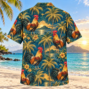 Back view of Rooster Sunrise Chicken Hawaiian Shirt with matching artwork in red, gold, teal