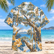 Back view of Rope Knot Arborist Hawaiian Shirt with matching artwork in sky, white, ochre