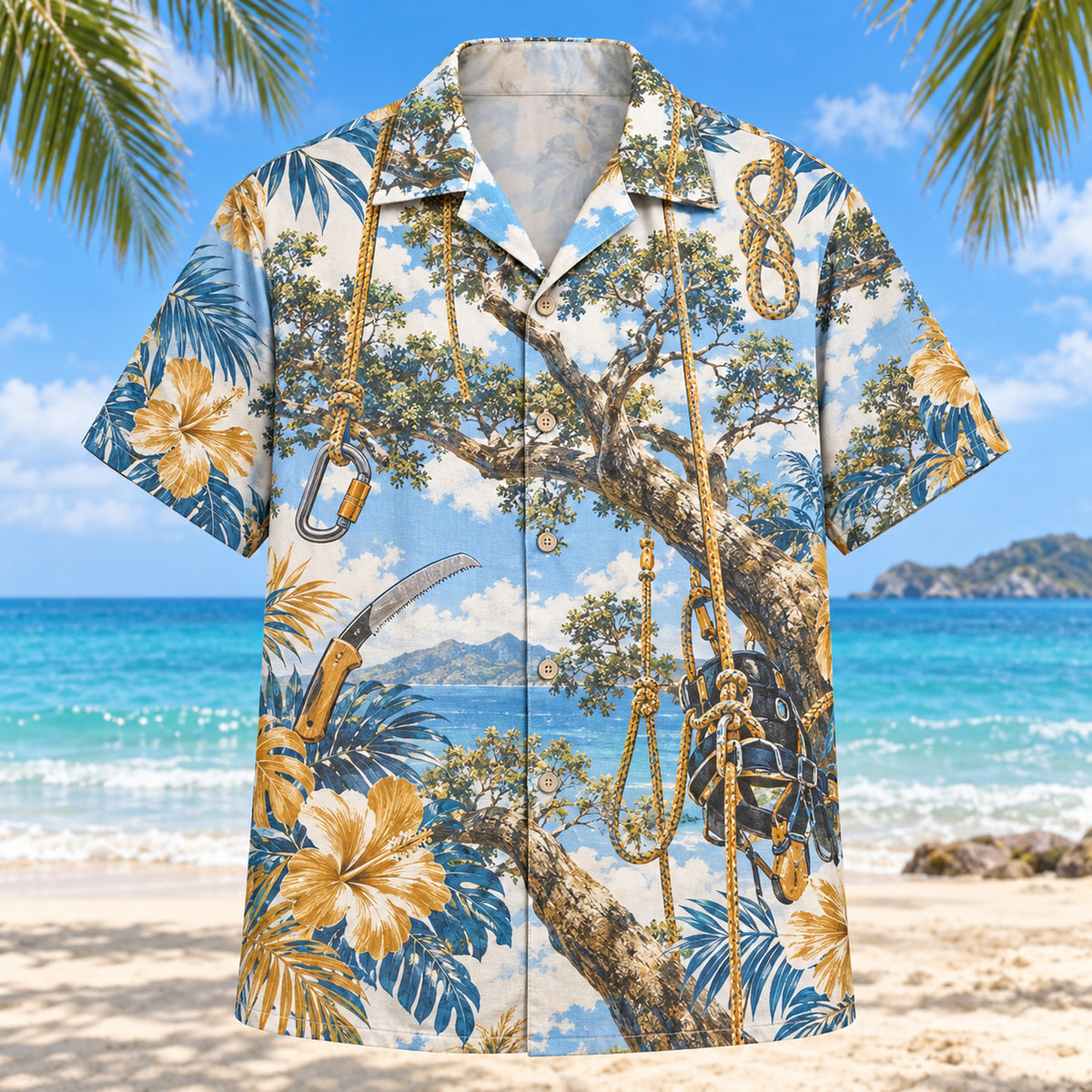 Front view of Rope Knot Arborist Hawaiian Shirt with original rope knot motifs, with tropical botanical accents; no text or branded equipment