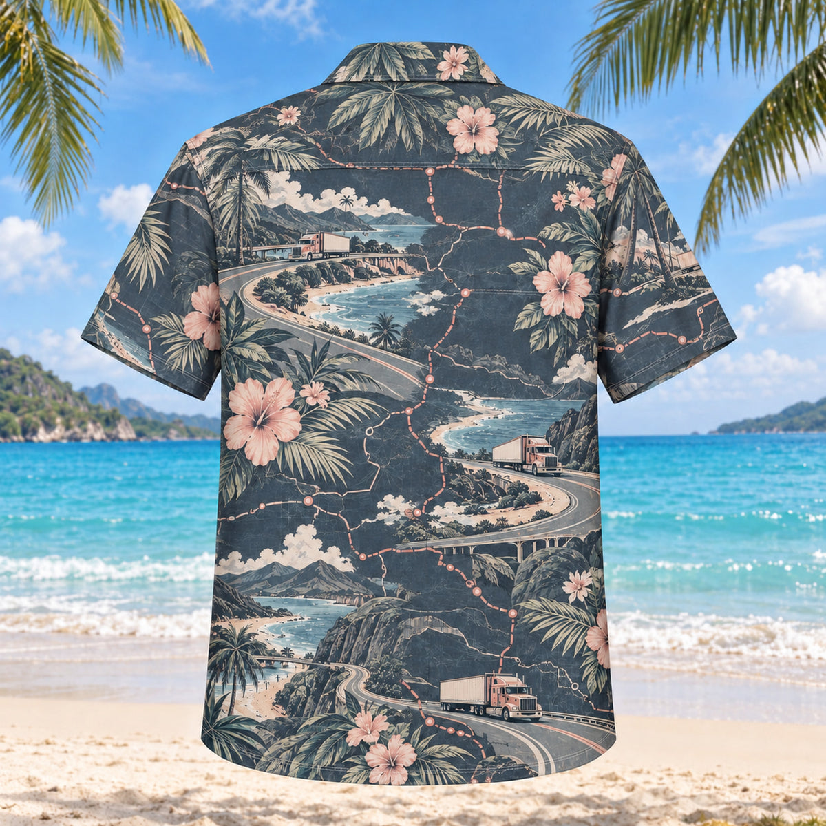 Back view of Route Map Truck Driver Hawaiian Shirt with matching artwork in slate, blush, ivory