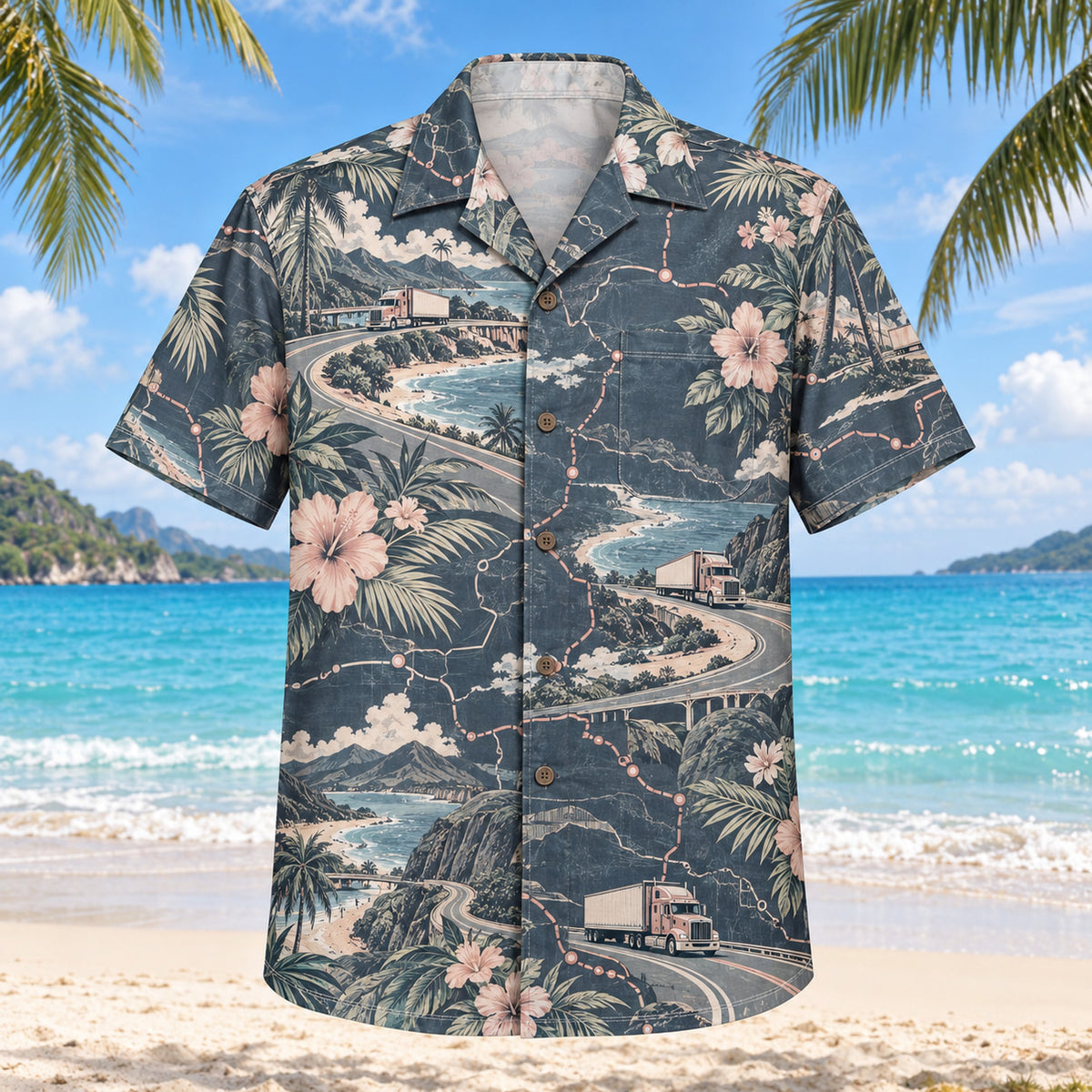 Front view of Route Map Truck Driver Hawaiian Shirt with original route map motifs, with tropical botanical accents; no text or branded equipment