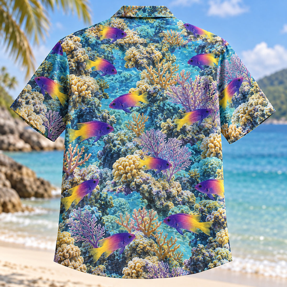 Back view of Royal Gramma Reef Aquarium Hawaiian Shirt with matching artwork in purple, yellow, aqua