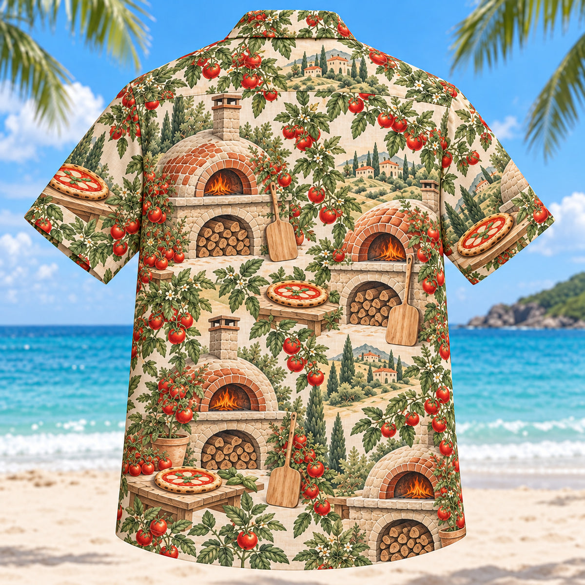 Back view of Rustic Oven Home Pizza Making Hawaiian Shirt with matching artwork in sage, wheat, tomato