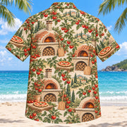 Back view of Rustic Oven Home Pizza Making Hawaiian Shirt with matching artwork in sage, wheat, tomato