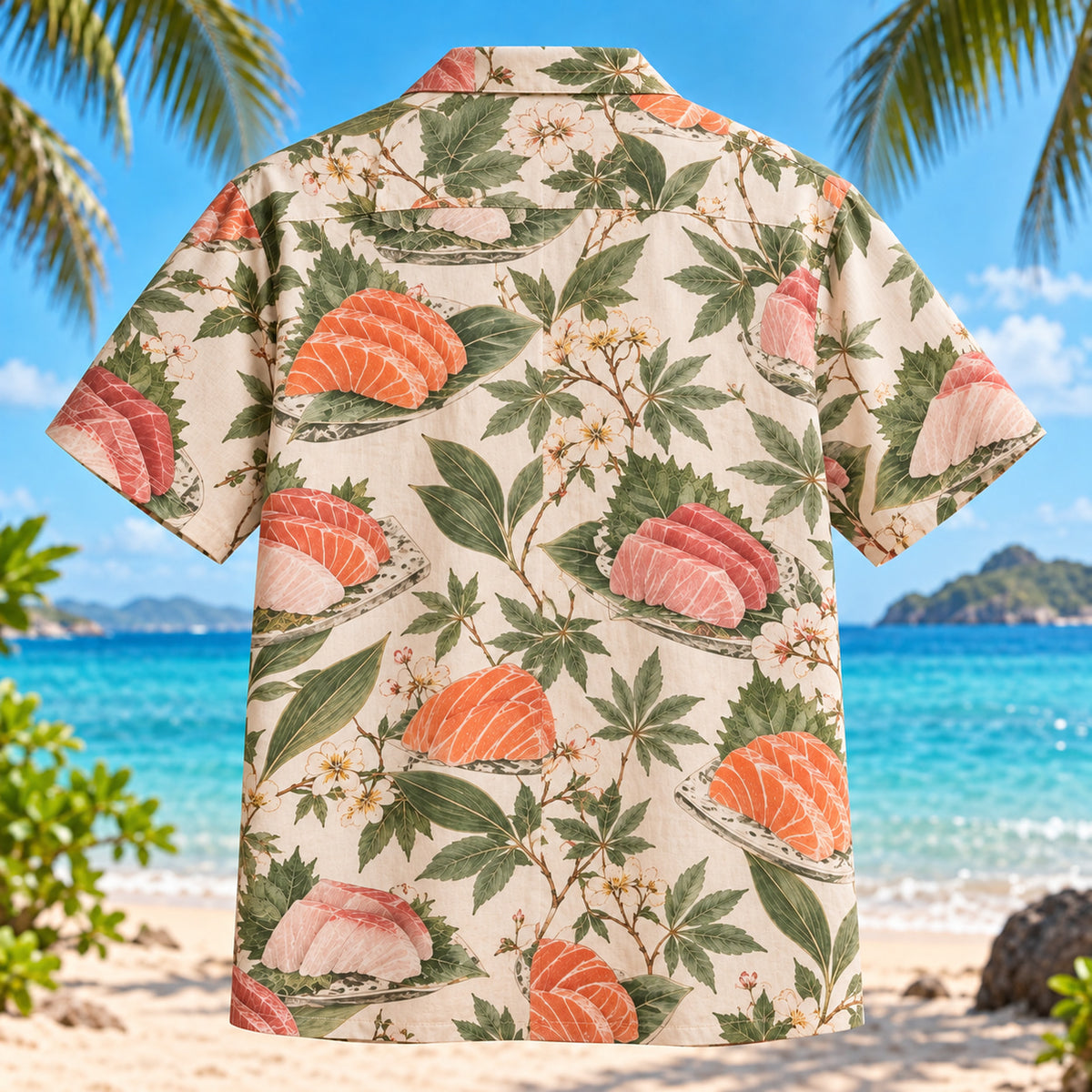 Back view of Sashimi Garden Japanese Food Hawaiian Shirt with matching artwork in salmon, sage, ivory
