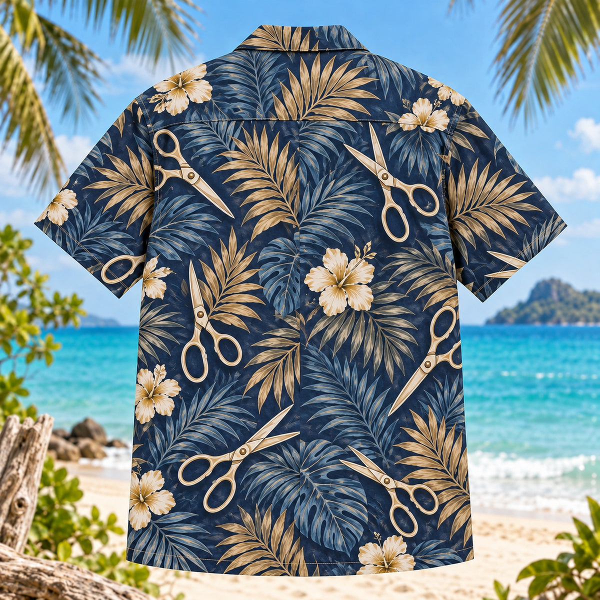 Back view of Scissor Palm Sewing and Quilting Hawaiian Shirt with matching artwork in navy, tan, cream