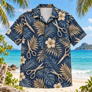 Front view of Scissor Palm Sewing and Quilting Hawaiian Shirt with generic sewing scissors among palm fronds