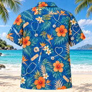 Back view of Scrub Pocket Nurse Hawaiian Shirt with matching artwork in cobalt, sand, orange
