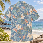 Back view of Sea Glass Bloom Beach Wedding Hawaiian Shirt with matching artwork in dusty blue, cream, coral