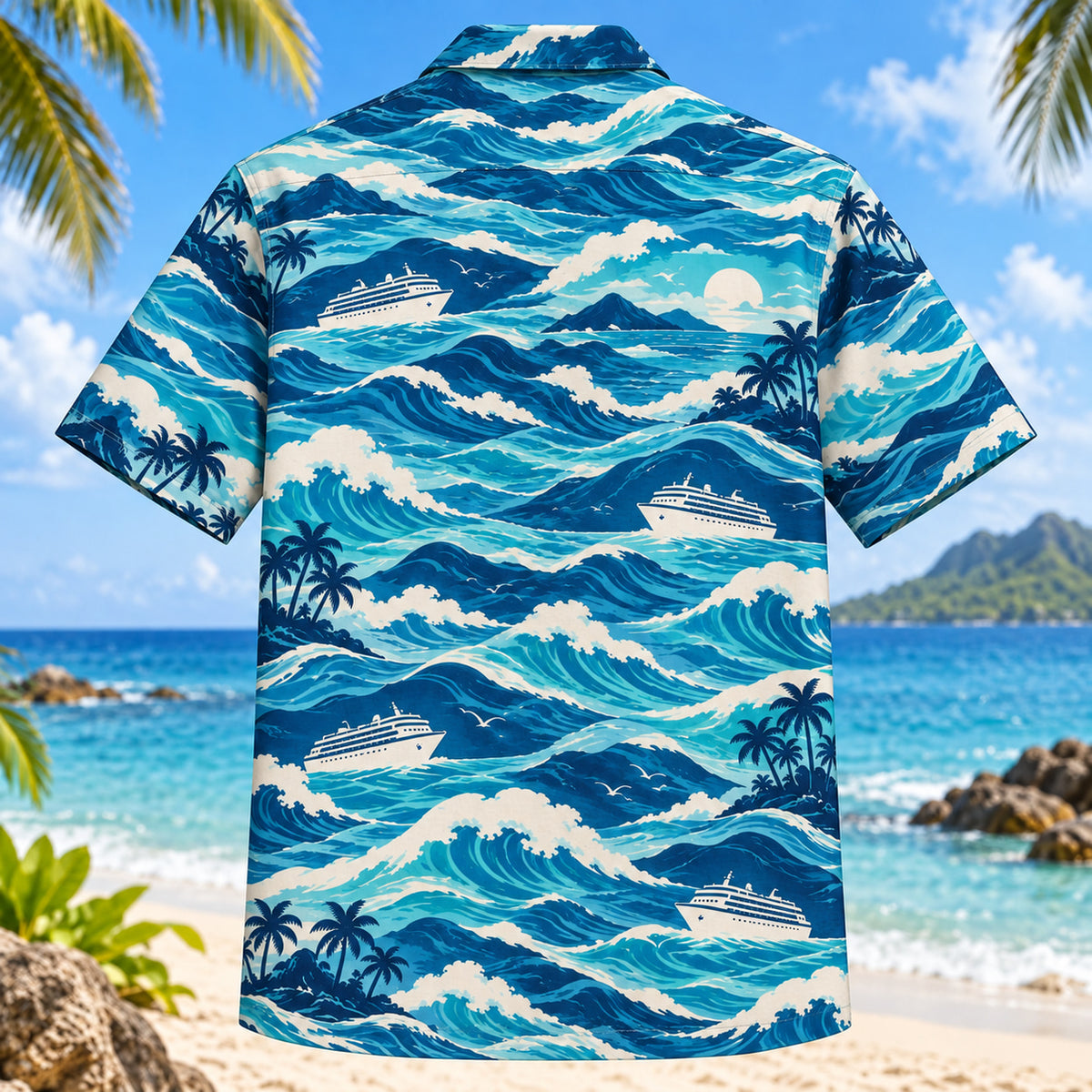 Back view of Sea Passages Cruise Travel Hawaiian Shirt with matching artwork in navy, turquoise, ivory