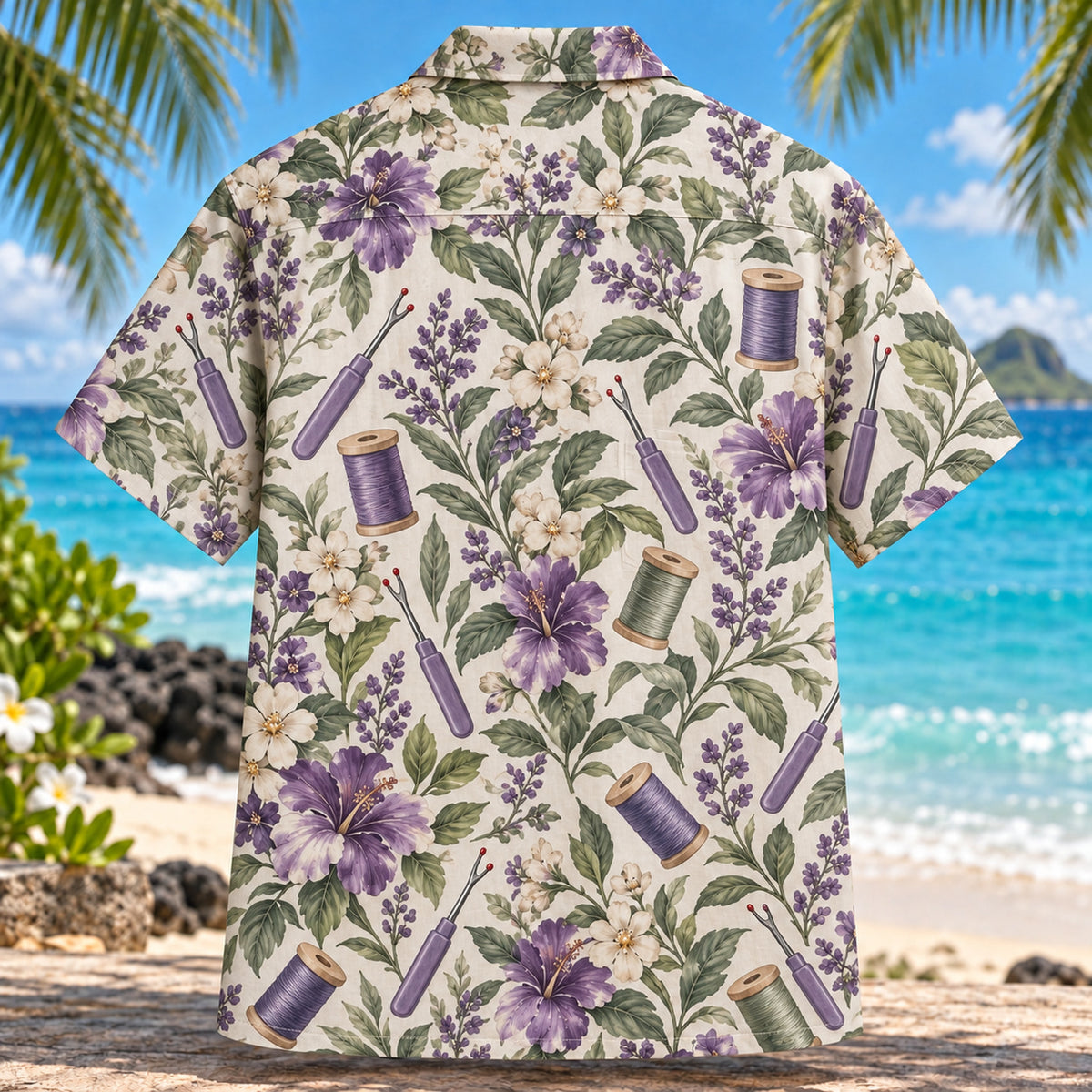 Back view of Seam Ripper Sewing and Quilting Hawaiian Shirt with matching artwork in purple, sage, ivory