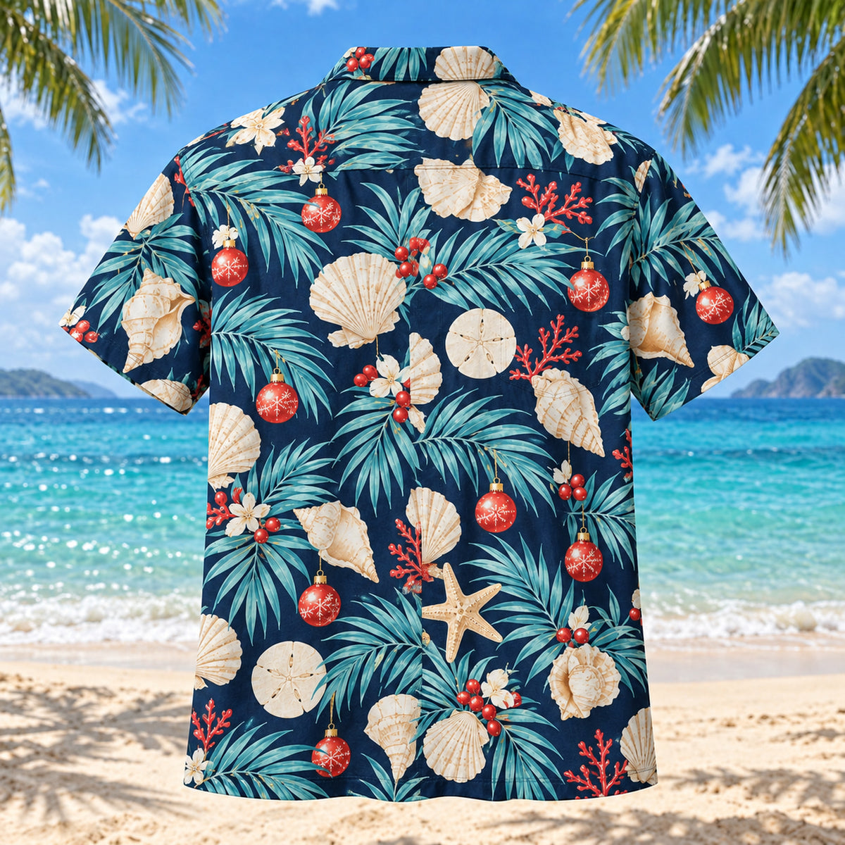 Back view of Seashell Ornament Tropical Christmas Hawaiian Shirt with matching artwork in turquoise, coral, ivory