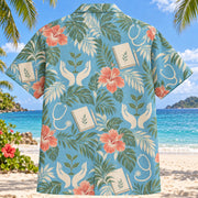 Back view of Seedling Care Midwife Hawaiian Shirt with matching artwork in soft sea blue, ivory, sage, coral