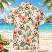Back view of Seedling Garden Coral Sage Midwife Hawaiian Shirt with matching artwork in soft coral, sage, cream