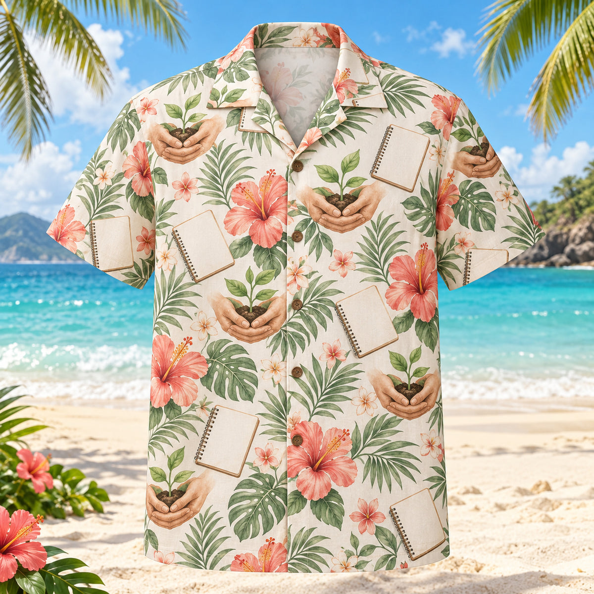 Front view of Seedling Garden Coral Sage Midwife Hawaiian Shirt with original supportive hands lifting seedlings, blank notebooks and hibiscus