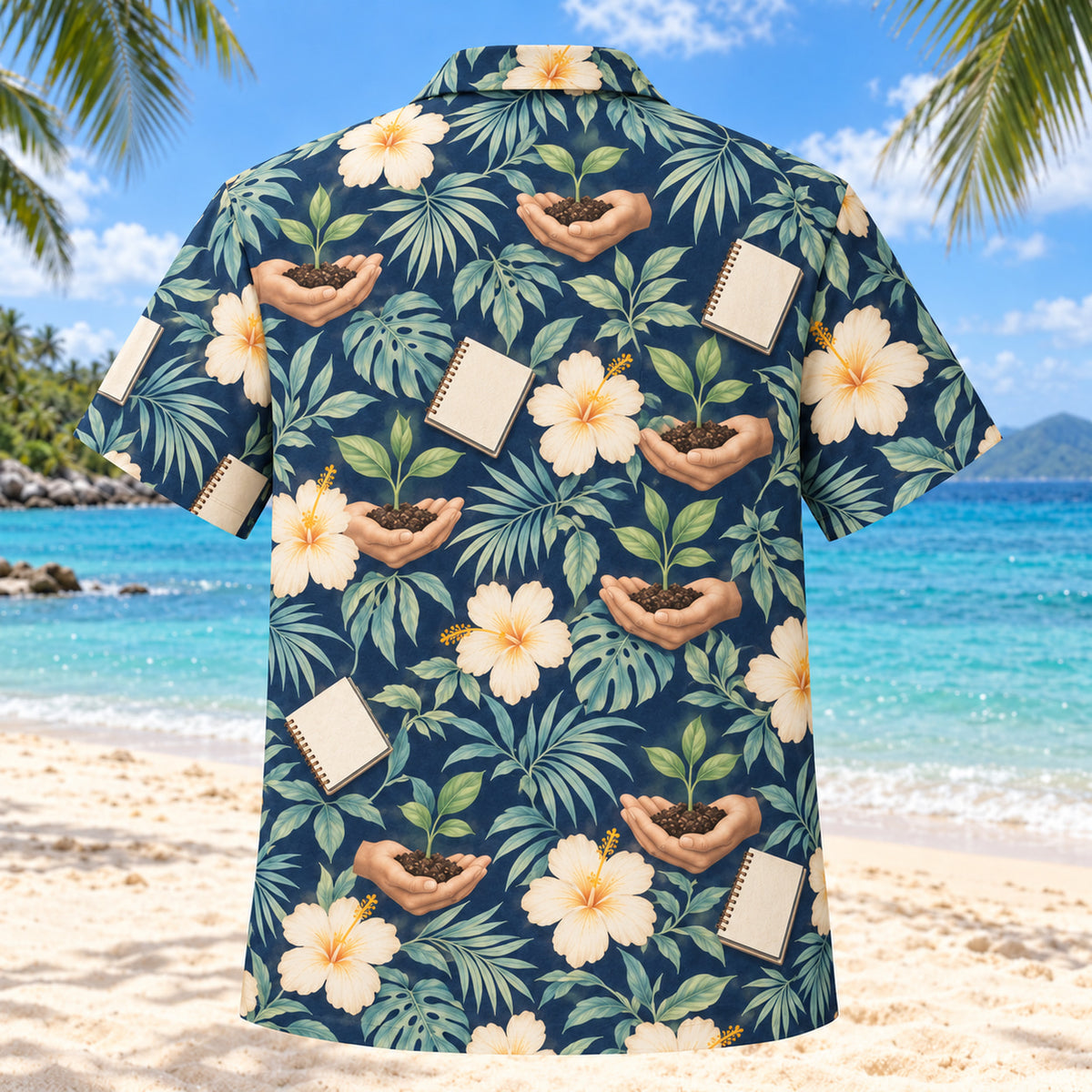 Back view of Seedling Garden Navy Cream Midwife Hawaiian Shirt with matching artwork in navy, warm ivory, pale seafoam