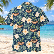 Back view of Seedling Garden Navy Cream Midwife Hawaiian Shirt with matching artwork in navy, warm ivory, pale seafoam