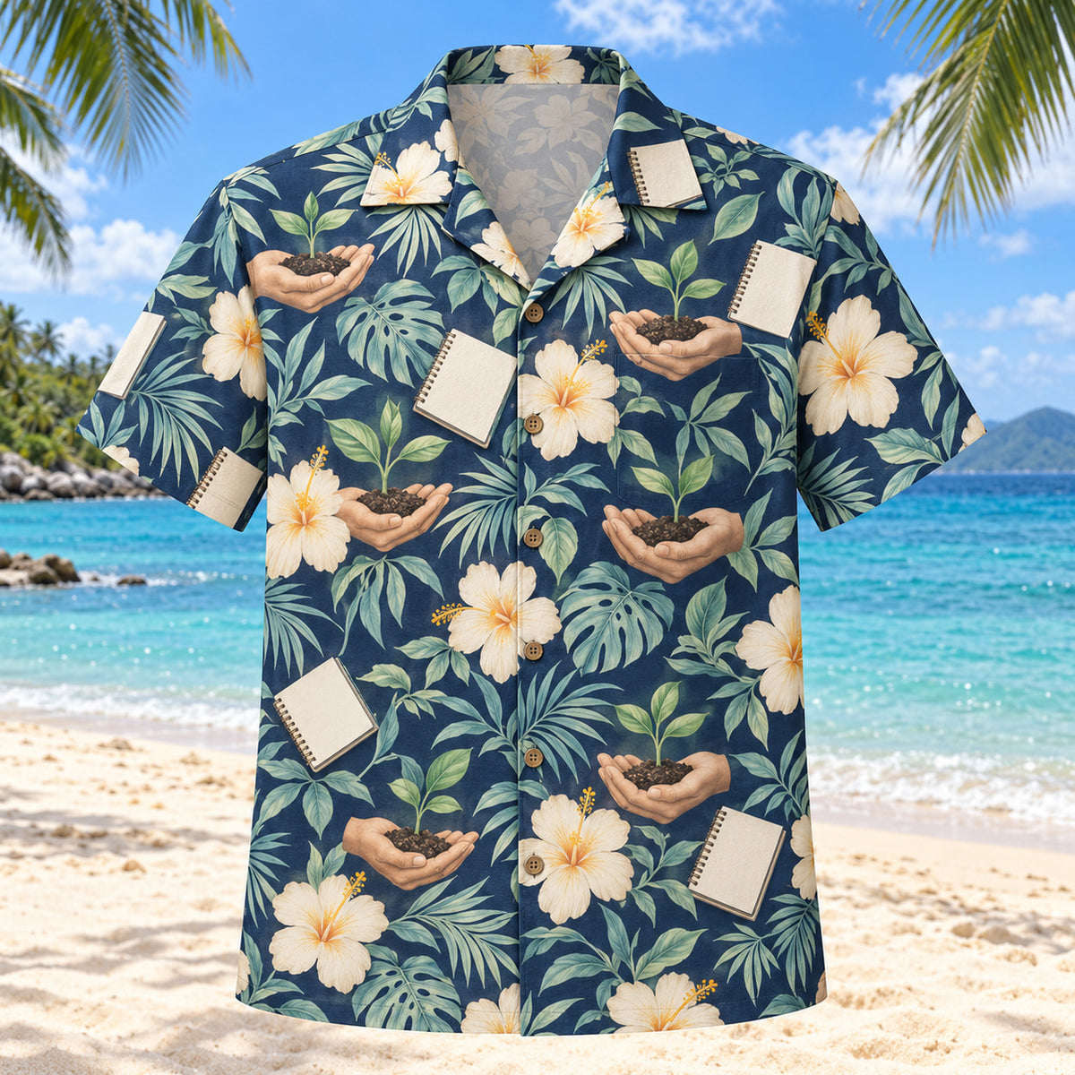 Front view of Seedling Garden Navy Cream Midwife Hawaiian Shirt with original supportive hands lifting seedlings, blank notebooks and hibiscus