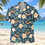 Front view of Seedling Garden Navy Cream Midwife Hawaiian Shirt with original supportive hands lifting seedlings, blank notebooks and hibiscus