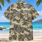 Back view of Semi Silhouette Truck Driver Hawaiian Shirt with matching artwork in sage, sand, charcoal