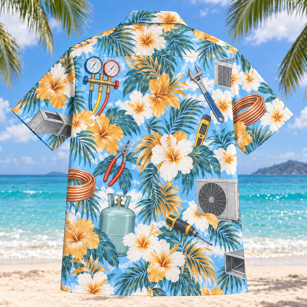 Back view of Service Tools HVAC Hawaiian Shirt with matching artwork in sky, white, ochre