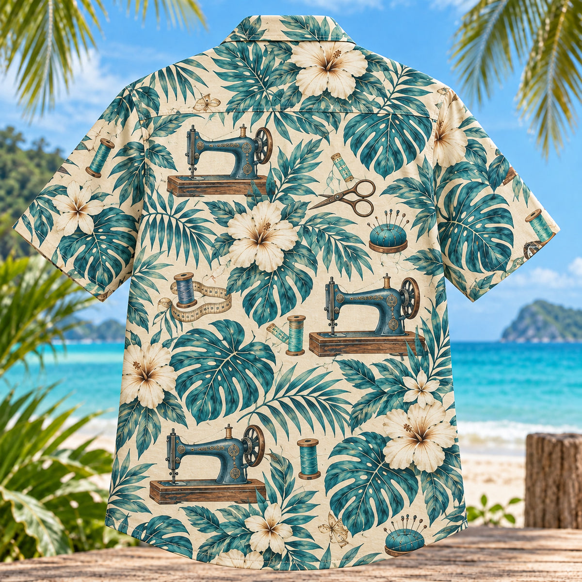 Back view of Sewing Machine Botanical Sewing and Quilting Hawaiian Shirt with matching artwork in teal, cream, brown