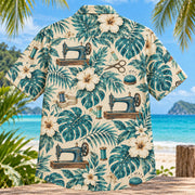 Back view of Sewing Machine Botanical Sewing and Quilting Hawaiian Shirt with matching artwork in teal, cream, brown