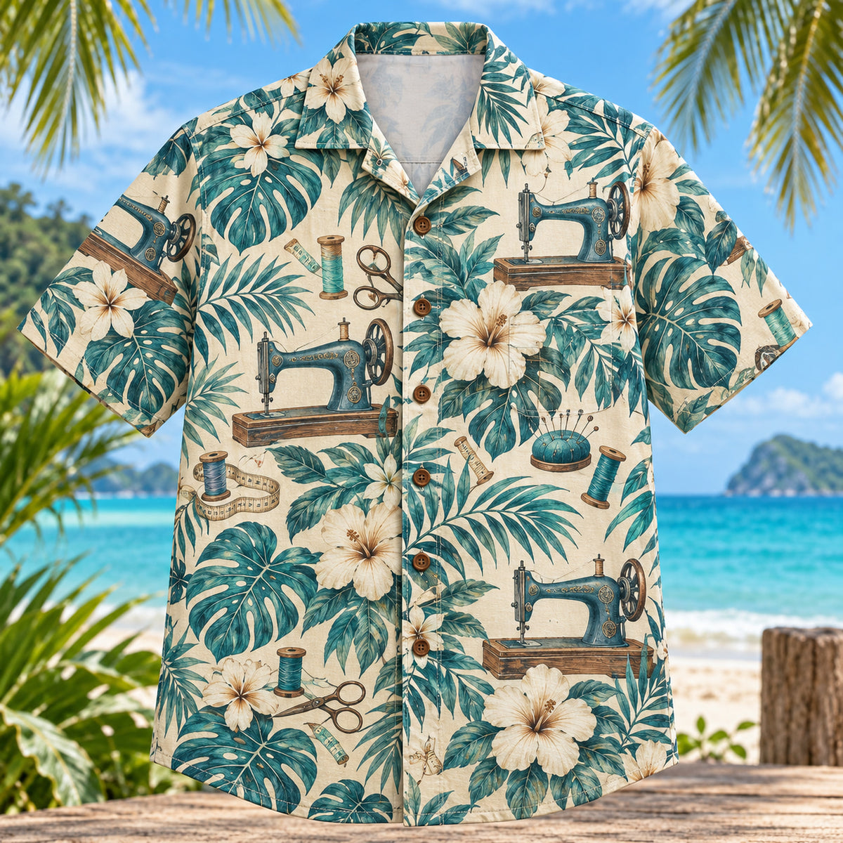 Sewing Machine Botanical Sewing and Quilting Hawaiian Shirt