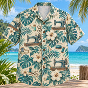 Front view of Sewing Machine Botanical Sewing and Quilting Hawaiian Shirt with generic unbranded sewing machines among tropical foliage