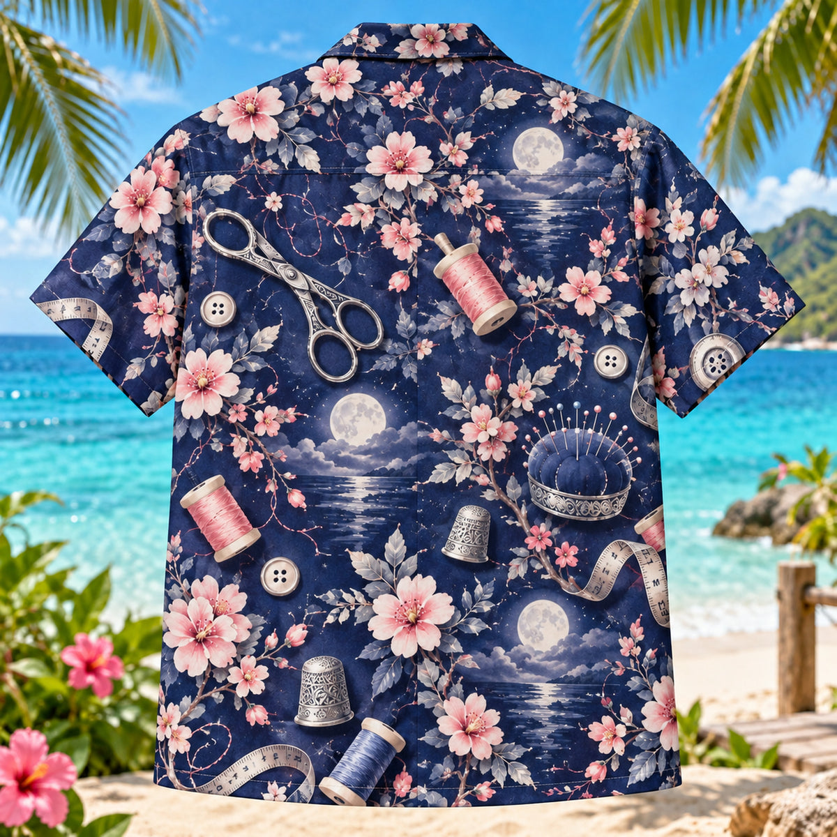Back view of Sewing Night Sewing and Quilting Hawaiian Shirt with matching artwork in indigo, pink, silver