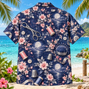 Back view of Sewing Night Sewing and Quilting Hawaiian Shirt with matching artwork in indigo, pink, silver
