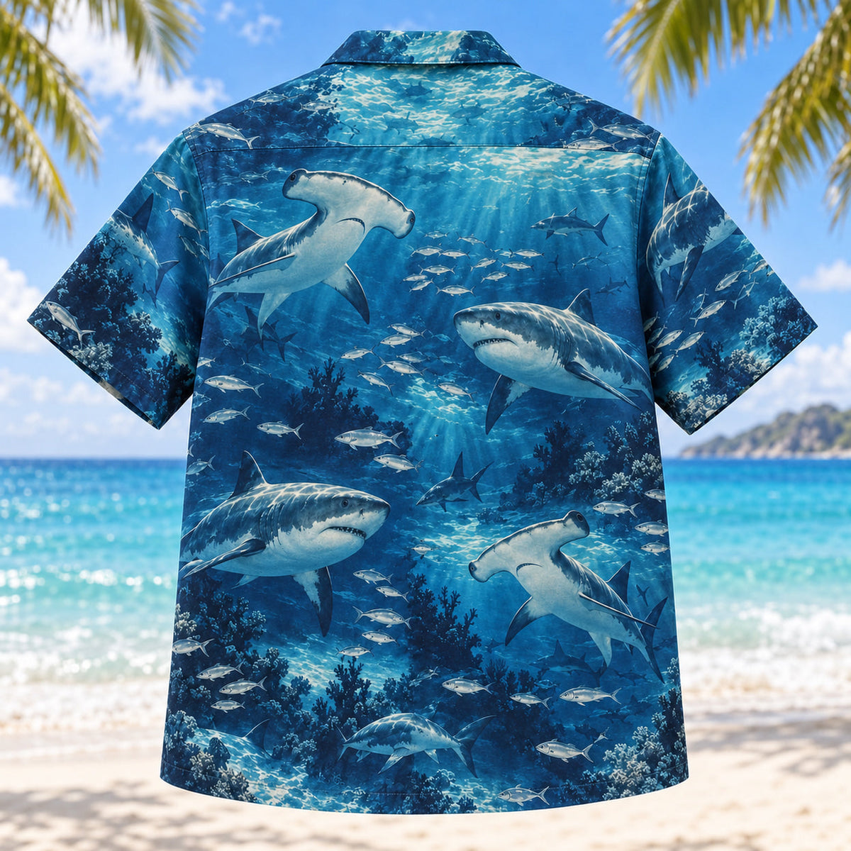 Back view of navy shark Hawaiian shirt with hammerheads and reef fish