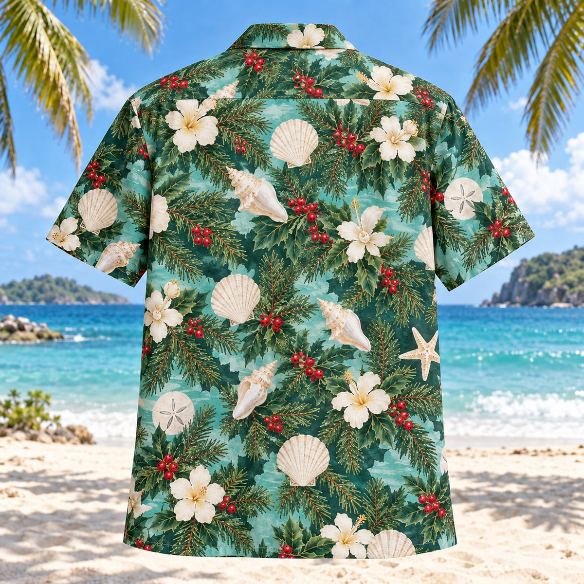 Back view of Shell and Spruce Tropical Christmas Hawaiian Shirt with matching artwork in evergreen, aqua, cream
