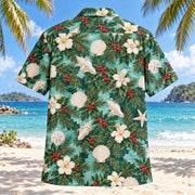 Back view of Shell and Spruce Tropical Christmas Hawaiian Shirt with matching artwork in evergreen, aqua, cream