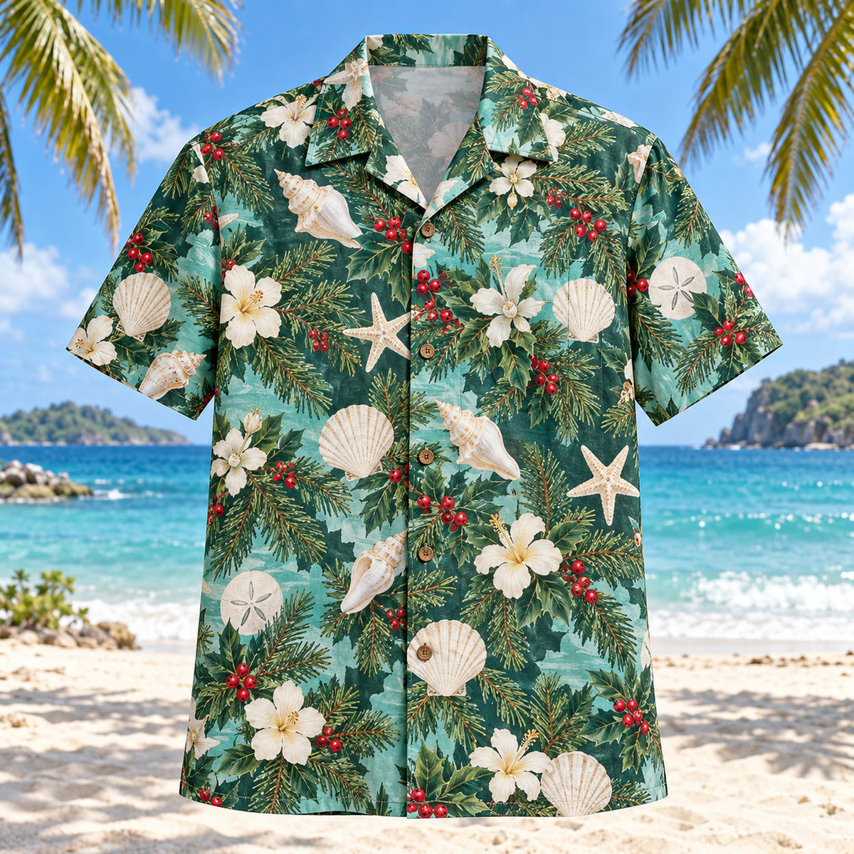 Front view of Shell and Spruce Tropical Christmas Hawaiian Shirt with shells, original spruce sprigs and coastal flowers