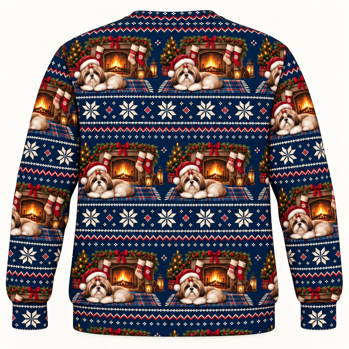Shih Tzu Cozy Fireplace Christmas Ugly Sweater back