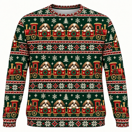 Shih Tzu Christmas Train All Over Print Ugly Sweater