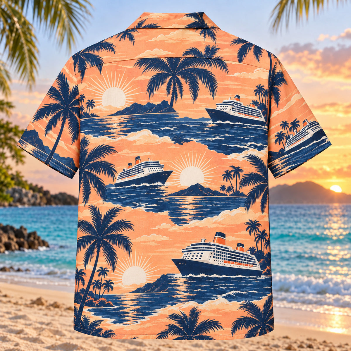 Back view of Ship and Sun Cruise Travel Hawaiian Shirt with matching artwork in sunset peach, navy, white