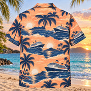 Back view of Ship and Sun Cruise Travel Hawaiian Shirt with matching artwork in sunset peach, navy, white