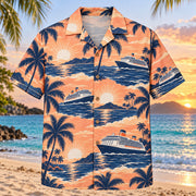 Front view of Ship and Sun Cruise Travel Hawaiian Shirt with original, text-free illustrations of simple imaginary liners, sunbursts and palms