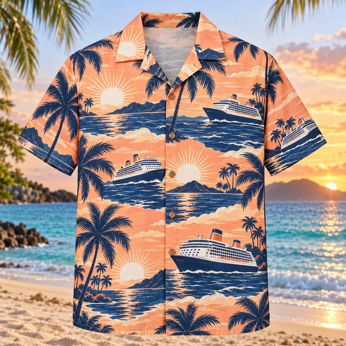 Front view of Ship and Sun Cruise Travel Hawaiian Shirt with original, text-free illustrations of simple imaginary liners, sunbursts and palms