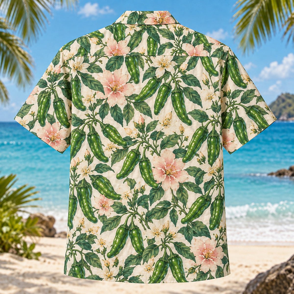 Back view of Shishito Bloom Chili Pepper Hawaiian Shirt with matching artwork in jade, blush, cream