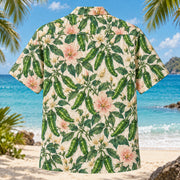 Back view of Shishito Bloom Chili Pepper Hawaiian Shirt with matching artwork in jade, blush, cream