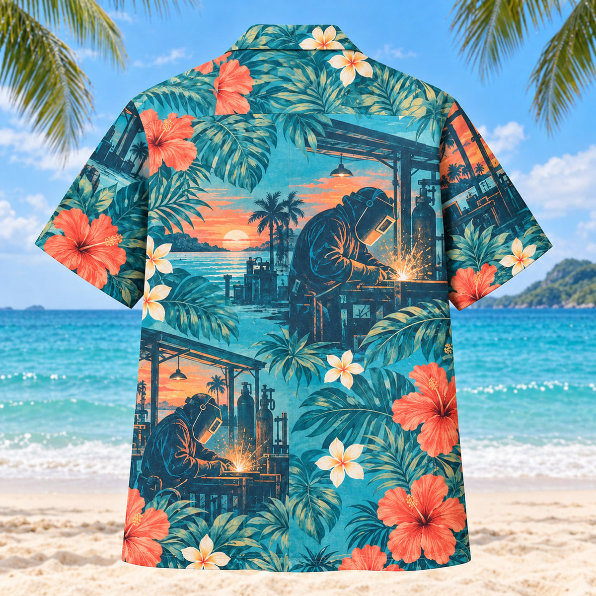 Back view of Shop Evening Welder Hawaiian Shirt with matching artwork in turquoise, coral, cream