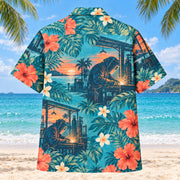 Back view of Shop Evening Welder Hawaiian Shirt with matching artwork in turquoise, coral, cream