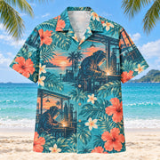 Front view of Shop Evening Welder Hawaiian Shirt with original shop evening motifs, with tropical botanical accents; no text or branded equipment