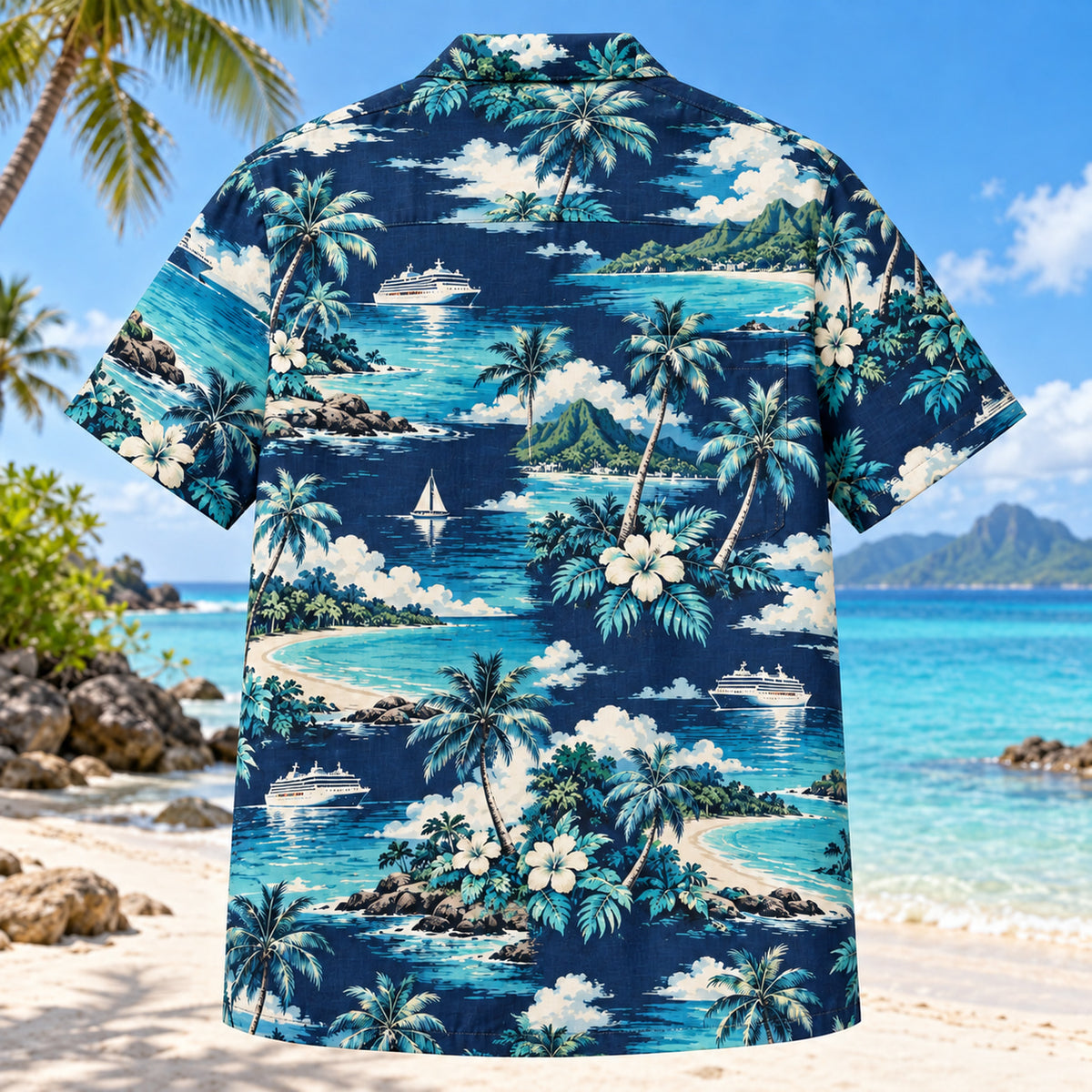 Back view of Shoreline Arrival Cruise Travel Hawaiian Shirt with matching artwork in navy, turquoise, ivory